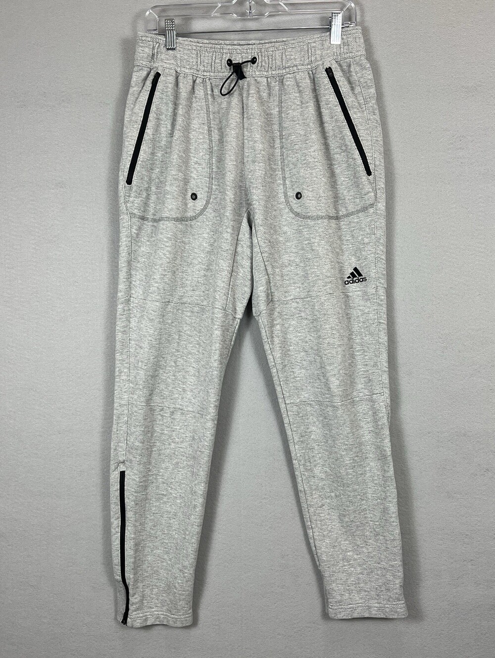 Adidas Men’s Large Gray Herringbone Jogger Pants Zip Pockets Ankle Zips
